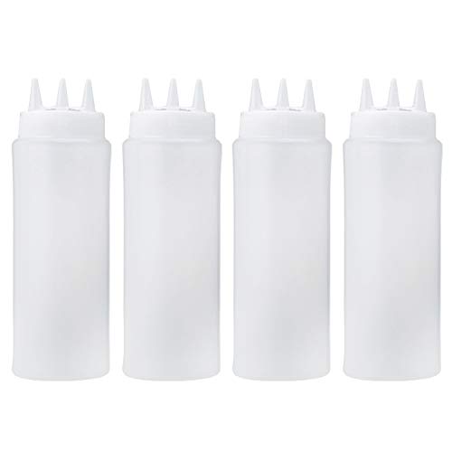 Gosear 4PCS 12OZ/340ml 3-Hole Plastic Squeeze Condiment Bottles for Sauce Oil Vinegar Ketchup Mustard Salad Dressing Kitchen Accessorie