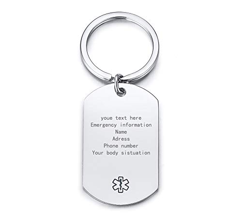 MPRAINBOW Customize Free Engraving Medical Alert Key Chain for Men Boy Diabetes Emergency Key Chain - Thumbnail 5