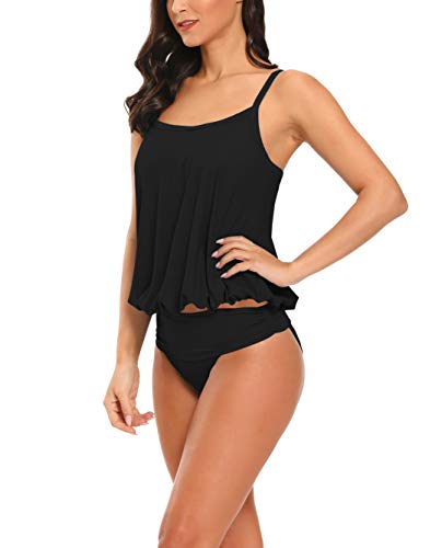 AOVXO Tankini Swimsuits for Women 2 Piece Flared Swimwear Tankini Top with High Waisted Triangle (Black, US8~10)