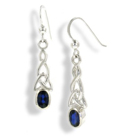 Sterling Silver Celtic Knot and Created Blue Sapphire Hook Earrings