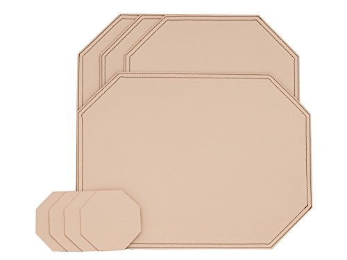 Nikalaz Octagon Placemats and Coasters Set of 2, Recycled Leather Place mats, Table mats, placemats 40 * 30cm, coasters 10 * 10cm (Set 4, Creamy White)