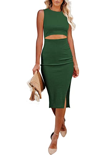 Viottiset Vestido midi para mujer, color sólido, sin mangas, con abertura, para fiesta, casual, ajustado, color verde, talla XL, 01 Verde