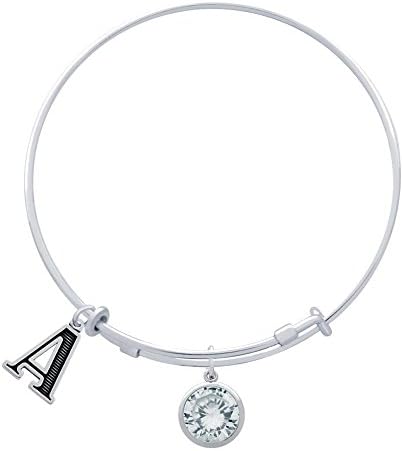 Jenaforte .925 Sterling Silver Expandable Charm Bangle Birthstone &amp; Initial Charms A-APR