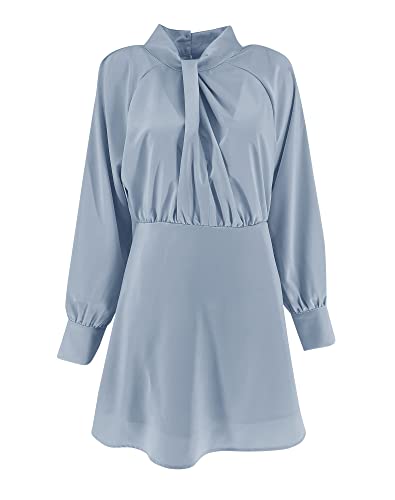 PRETTODAY WOMEN’S SATIN DRESS LONG SLEEVE TWIST HIGH NECK ELEGANT COCKTAIL PARTY MINI DRESSES (BLUE,LARGE)
