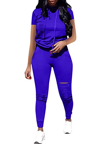 Women Casual 2 Piece Sport Outfits Short Sleeve Ripped Hole Pullover Hoodie Sweatpants Set Jumpsuits (Blue, XL) - Thumbnail 4