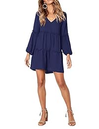 Tengo - Vestido de túnica de manga larga para mujer, cuello en V, volante, estilo casual
