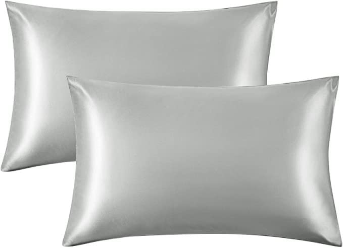 Silky Satin Pillowshams Set for Hair - Pillowcase Covers with Envelope Closure -Cool and Easy to Wash -Set of 2 - Only Pillow Cover No Insert (Silver, Standard(50x70+4cm))