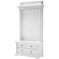 NovaSolo Provence Pure White Mahogany Wood Entryway Coat Rack With 5 Hooks, Top Storage And 2 Drawers