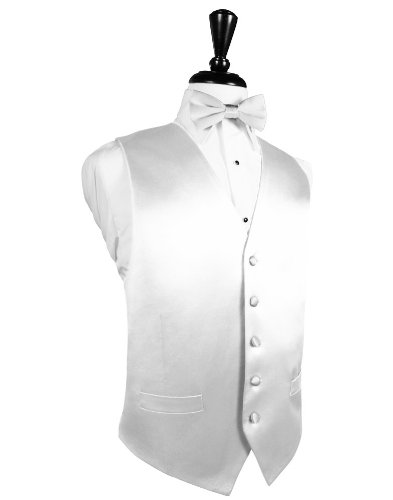 Solid Color Men's High Quality 5 Button Noble Silk Vest with Matching Bow Tie - Many Colors (Small, White)