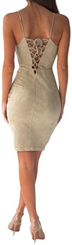 HITRAS Women Ladies Back Velvet Bodycon Strappy Dress Winter Bodycon Party Dresses (L, Khaki)