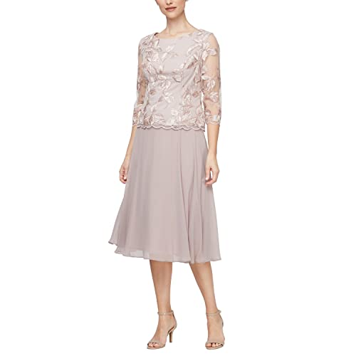 Alex Evenings Women’s Tea Length Embroidered Bodice Mother of The Bride Gown, Wedding Guest Dress Regular Sizes, Latte, 6 Petite