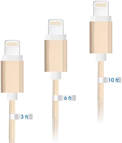 TEAMAR 3 Packs(3ft 6ft 10ft), Usb Charger Cable for Apple, Lightning Cable Charging Cord Nylon Braided Apple USb Cable Golden