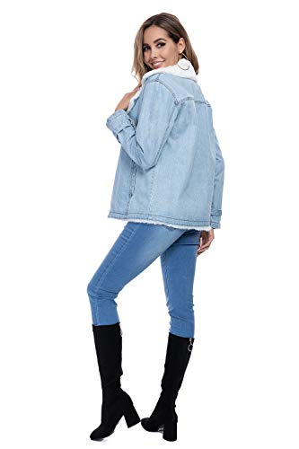 Nicasia Women\'s Winter Denim Jacket Sherpa Trucker White Faux Fur Collar Fleece Lined Long Sleeve Buttons Thicken Coat Blue (Blue, M)