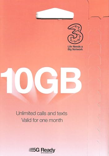 New PrePaid Europe (UK Three) SIM Card 10GB Data Unlimited Minutes/Texts for 30 Days with Free Roaming/USE in 71 Destinations Including Europe, South America and Australia (30GB)
