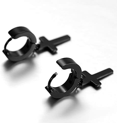 Flongo Men's Womens 6PCS Vintage Stainless Steel Silver&Black&Gold Cross Dangle Hinged Hoop Earrings - Image 4