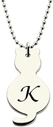 Illango Tiny Cat Necklace with Initial Engraved kids Name Necklace Sterling Silver Initial Pendant Animal Necklaces
