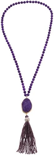 Women's Bohemian Statement Tassel Pendant Amethyst Color Birthstone Bead Long Necklace