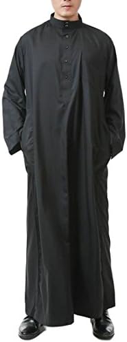 Mens Long Sleeve Stand Collar Solid Casual Button Muslim Arab Thobe Thawb Caftan