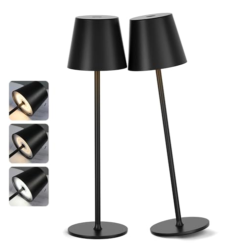 PreeOtti Wireless Table Lamp, Set of 2, Battery LED Table Lamp, Bedside Lamp, Touch Dimmable with 3 Colour Temperatures, Table Lamp with USB-C Rechargeable for Outdoor Bedside Table, Dining Table, Camping (Black)