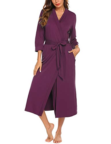 Unibelle-Damen-Morgenmantel-aus-Baumwolle-34-rmeln-Bademantel-Nachtwsche-Kimono-Saunamantel-mit-Tiefer-V-Ausschnitt-Schlafanzug-S-XXL