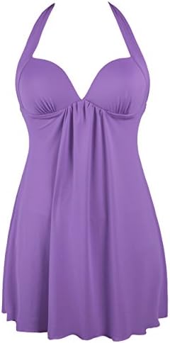 Shenices Retro Elegant Halter One Piece Skirtini Cover Up Swimdress Purple US10