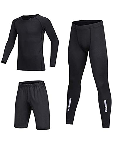 BUYKUD Kids Boys 3PCS Long Sleeve Base Layer Compression Athletic Shirt Tights Top Bottom Underwear Sports Set