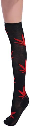 TooPhoto Womens Marijuana Maple Leaves Athletic Colorful Knee High Stockings Q Black & Red