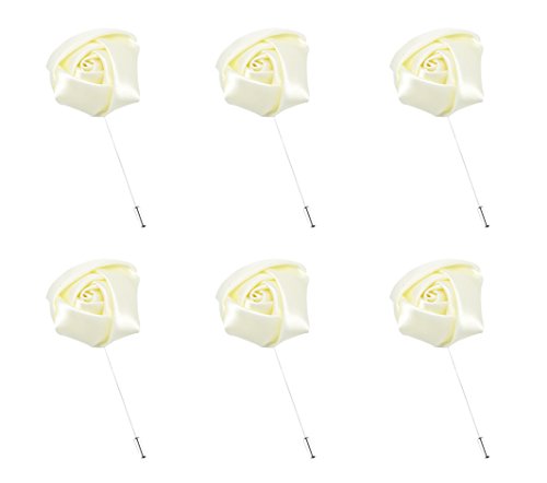 L vow Satins Rose Brooch for Wedding Handmade Lapel Pin Flower Boutonniere for Suit Pack of 6 (Cream)