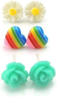 Metal Free Plastic Post Earrings Gift Set Dainty Rose Rainbow Heart Daisy (Aqua Rose)