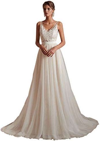 Ikerenwedding Women's V-Neck A-line Lace Tulle Long Beach Wedding Dresses for Bride