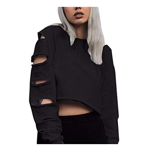 WM&MW Women Sexy Crop Top Long Sleeve Hollow Ripped Hip Hop Sweatshirt Jumper Pullover Shirt (Black, S)