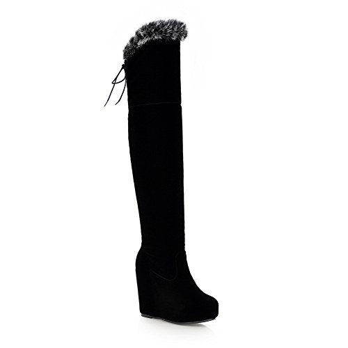 WeiPoot Womens Round Closed Toe High Heels Imitated Suede Solid Boots with Fur Ornament and Bandage, Black, 7.5 B(M) US WeiPoot Womens Round Closed Toe High Heels Imitated Suede Solid Boots with Fur Ornament and Bandage, Black, 7.5 B(M) US