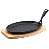 Fuji Merchandise Oval Shape Cast Iron Steak Plate Sizzle Griddle with Wooden Base Steak Pan Grill Fajita Server Plate Home or