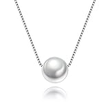 Sterling Silver Pearl Pendant Necklace Box Chain 10MM White Pearl June Birthstone Simple Necklace for Mom