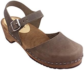 Lotta From StockholmSwedish Low Wood Clogs - Taupe Leather Clogs for Women with Brown Base I Supportive Wooden Clog I 2 inch Heel & 3/4 inch Platform