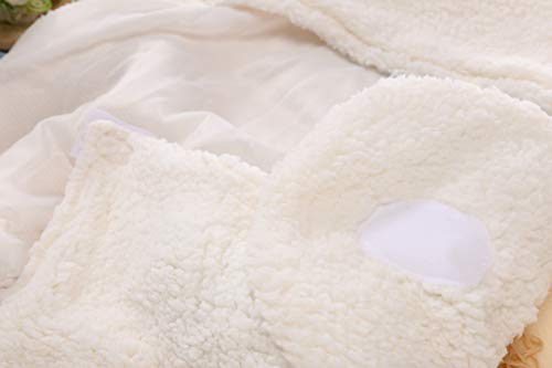 Baby Receiving Blanket, Hooded Cotton Plush Swaddle Blanket, Newborn Cute Sleeping Bag Sack Unisex Stroller Wrap for Baby Boys and Girls (White)