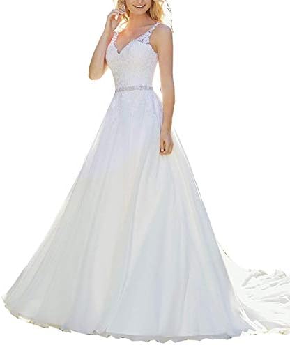 Women's Sexy V-Neck Lace Long Wedding Dresses Formal Bridal Gown with Beaded Belt