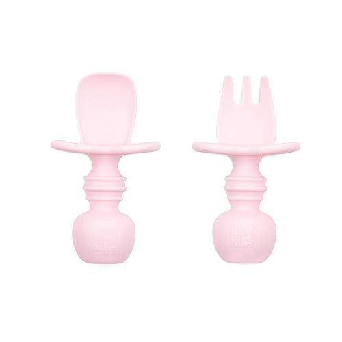 Bumkins Silicone Chewtensils, Baby Fork and Spoon Set, Training Utensils, Baby Led Weaning Stage 1 for Ages 6 Months+ in Pink