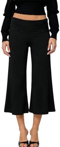 Erenella Women's Casual Wide Leg Cropped Pants Low Rise Fold Over