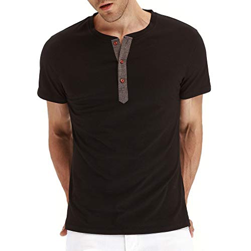 Men's Casual Vintage Short Sleeve Raglan Henley Shirts Baseball T-Shirt (XXL, Black)