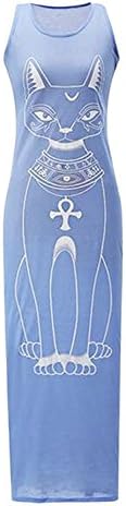 Zalezing Nice Women's Cotton Casual Cat Print Sleeveless Slim Fit Tank Dresses Light BlueXX-Large
