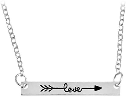 Silver Tone Simply Horizontal Love Arrow Script Word "LOVE" Minimalist Bar Necklace for Women Girls