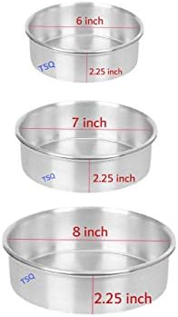 TSQ kitchenware:- 6.7 and 8 inch Daimeter and 2.25 inch Height. Aluminium Round Cake Mould Pan.You can Easy Make Diffrent Cake.Aluminium Cake Mould Set of 3 Tins.