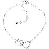 LSxAB Paw Print Heart Bracelets for Women I Love Dog Cat Pet Bracelets Silver Adjustable Chain Wristlet Jewelry