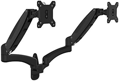 OLLO: Twin Wall Mounted Gas Spring Monitor Mount with iPad Holder, Snap-on Head, +90º/-85º Tilt, 180º Rotation, 0-18 Lbs. Each Arm, Black, Fits Most 15-27" (WA-2X)