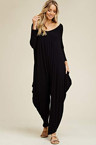 Annabelle Women's Long Sleeve Comfy Harem Jumpsuit Romper with Pockets Black Small J8002