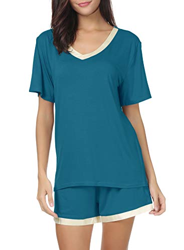 Invug Women Short Sleeve T Shirt and Shorts Pajamas Sleepwear Set Loungewear Peacock Blue L