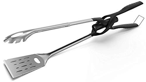 Skywin LED Lit Grill Tools - TongLite 2 Stainless Steel BBQ Multi-Tool - Extendable Tongs, Knife Edged Spatula, Bottle Opener, Scraper, Attachable LED Flash Light