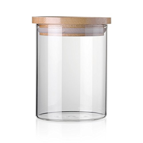 STACK UP Transparent Food Storage Canister - Safe Clear Borosilicate Glass Jar with Wooden Lid - Perfect Container for Kitchen Organization - Keeps Food Dry and Fresh - Cylinder, Capacity 16.9 fl oz.