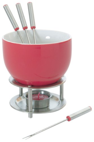 Mastrad Fondue Set - Includes Ceramic Fondue Pot, Stainless Steel Forks, Tealight Holder, Candle and Warming Stand - Melt Chocolate, Cheese and More (Bold Red)